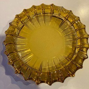 Vintage MCM Amber Large Round Glass Ashtray. 4 cigarette slots. 9.5" diameter.